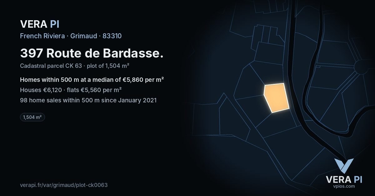 397 Route de Bardasse, Grimaud at night – the plot lit, the parcels around coloured by the prices near them