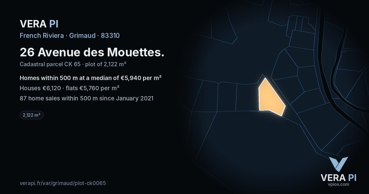 26 Avenue des Mouettes, Grimaud at night – the plot lit, the parcels around coloured by the prices near them