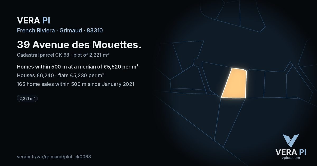 39 Avenue des Mouettes, Grimaud at night – the plot lit, the parcels around coloured by the prices near them