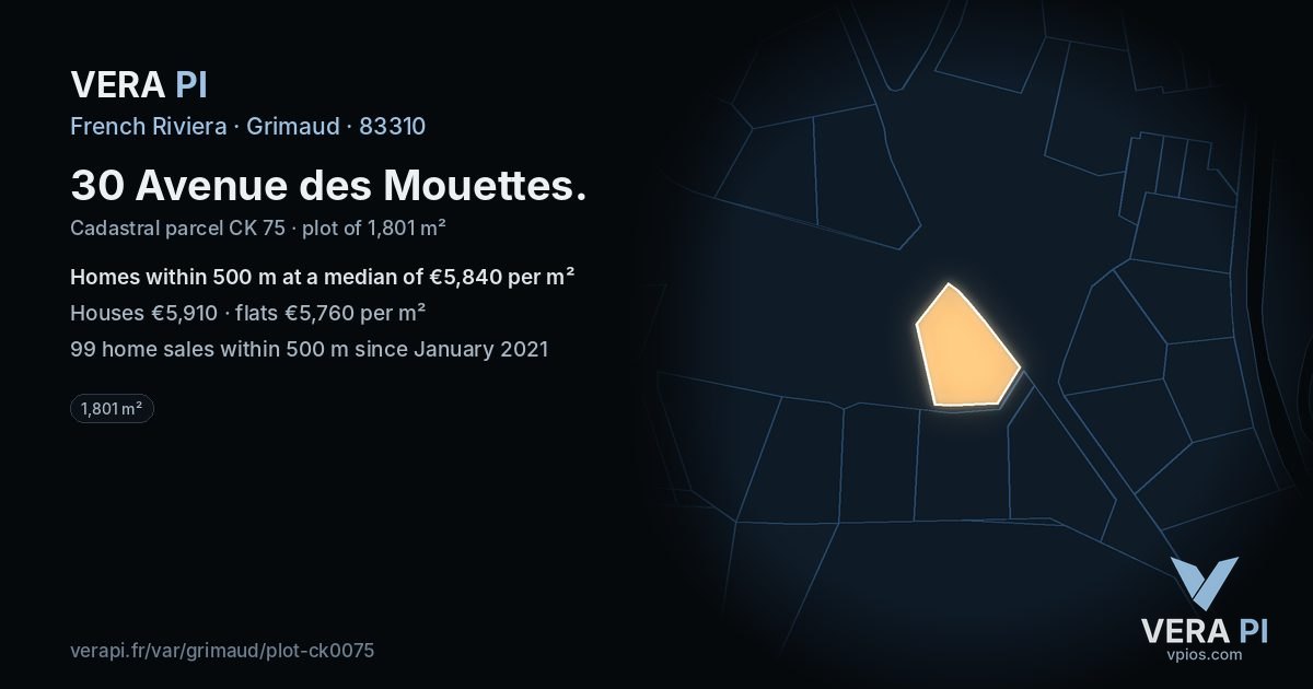 30 Avenue des Mouettes, Grimaud at night – the plot lit, the parcels around coloured by the prices near them