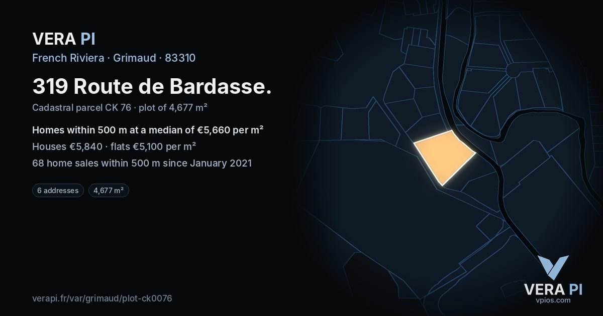319 Route de Bardasse, Grimaud at night – the plot lit, the parcels around coloured by the prices near them