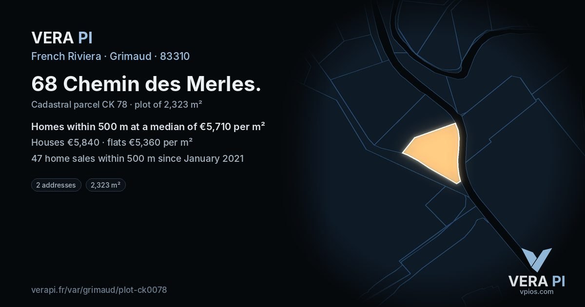 68 Chemin des Merles, Grimaud at night – the plot lit, the parcels around coloured by the prices near them