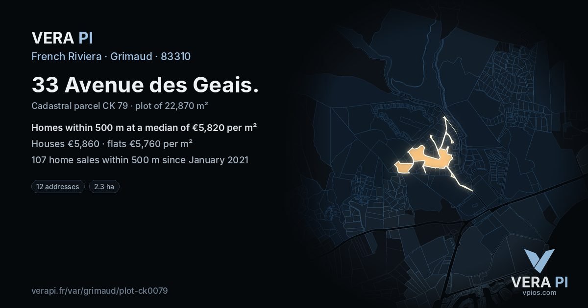 33 Avenue des Geais, Grimaud at night – the plot lit, the parcels around coloured by the prices near them