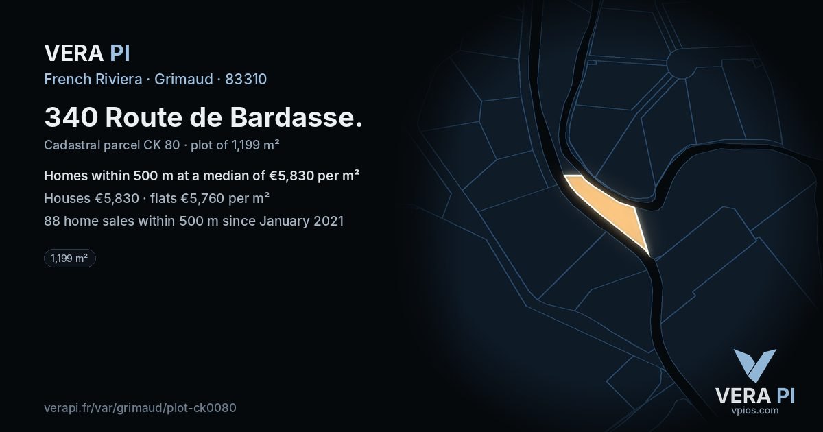340 Route de Bardasse, Grimaud at night – the plot lit, the parcels around coloured by the prices near them