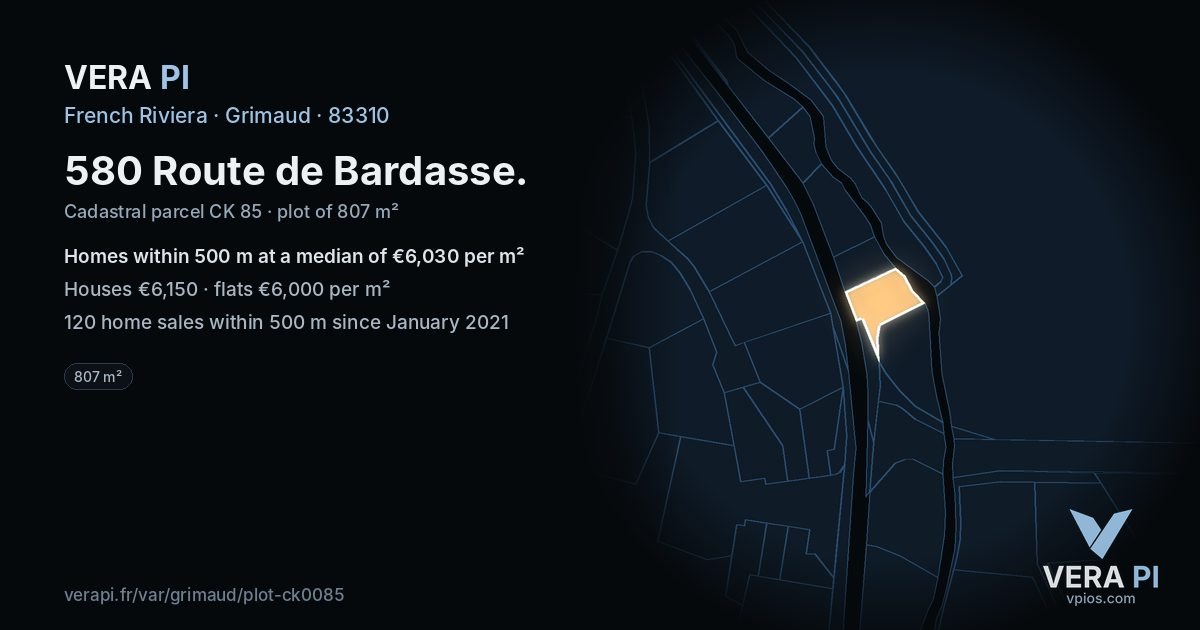 580 Route de Bardasse, Grimaud at night – the plot lit, the parcels around coloured by the prices near them