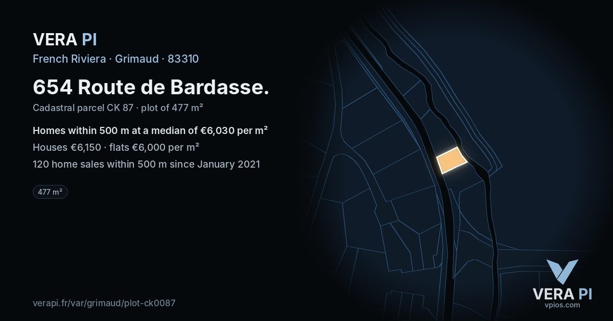 654 Route de Bardasse, Grimaud at night – the plot lit, the parcels around coloured by the prices near them