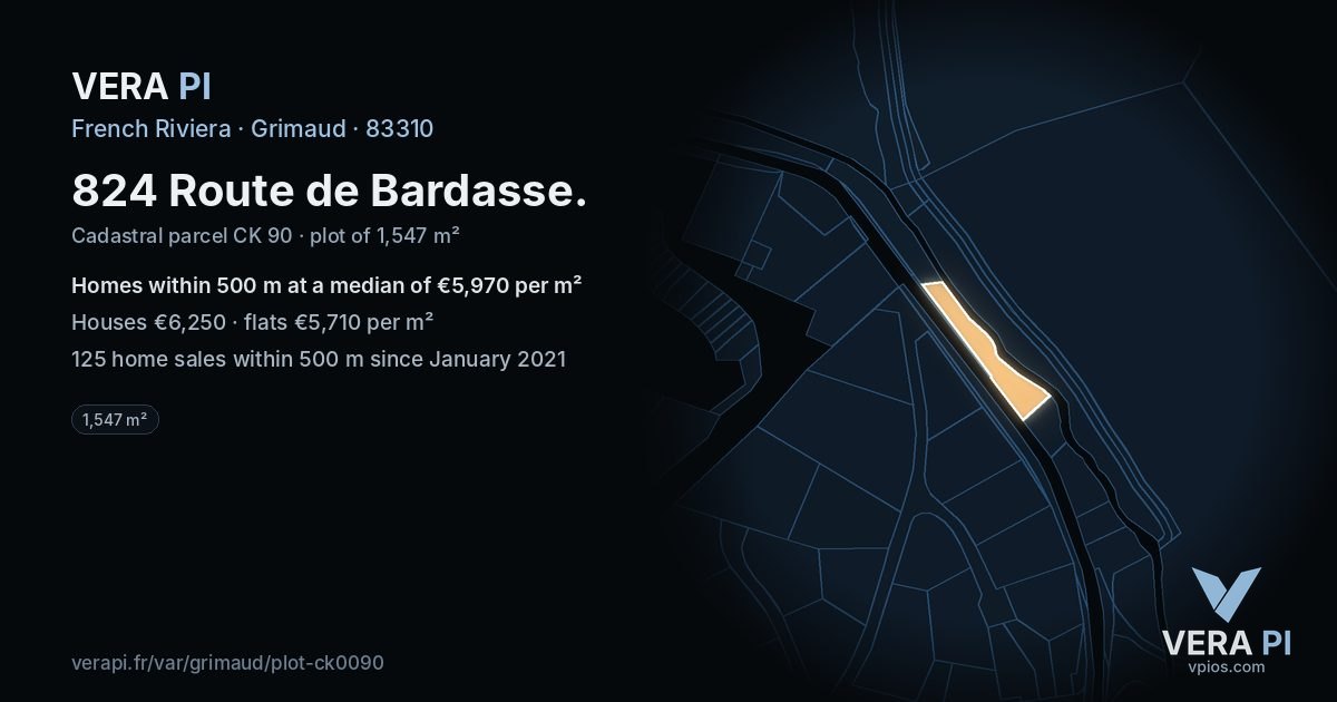 824 Route de Bardasse, Grimaud at night – the plot lit, the parcels around coloured by the prices near them