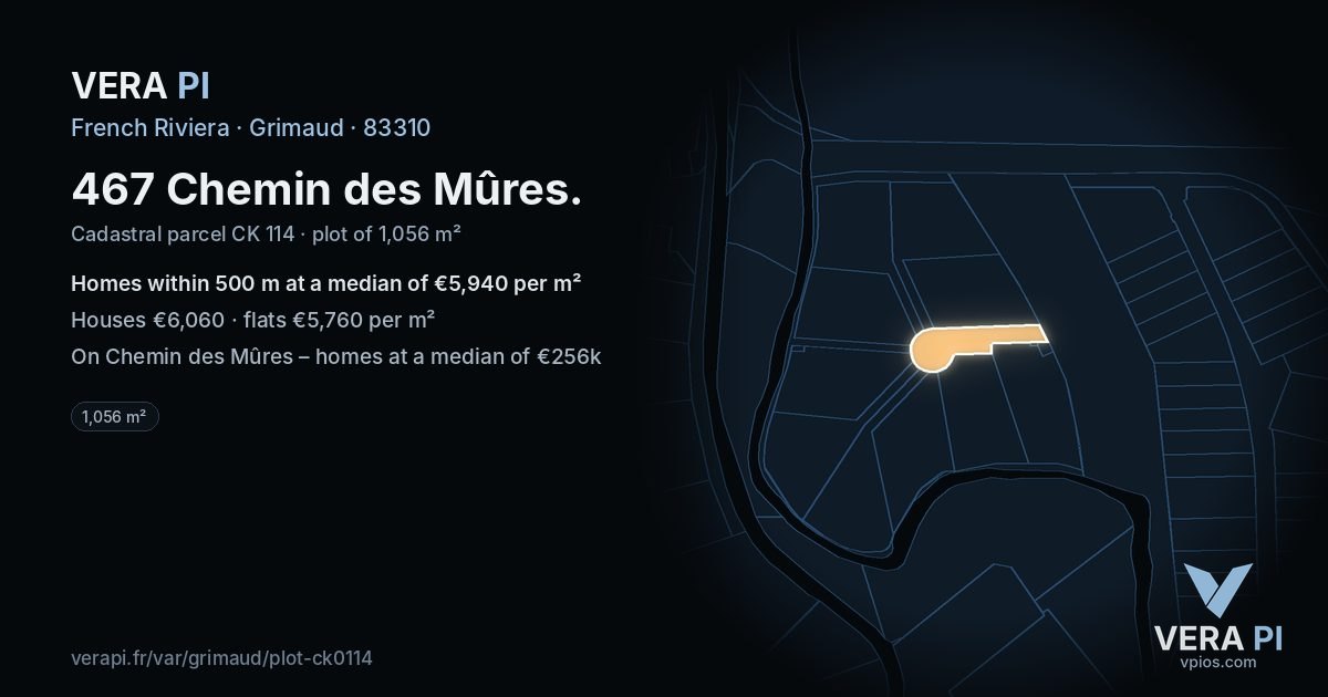 467 Chemin des Mûres, Grimaud at night – the plot lit, the parcels around coloured by the prices near them