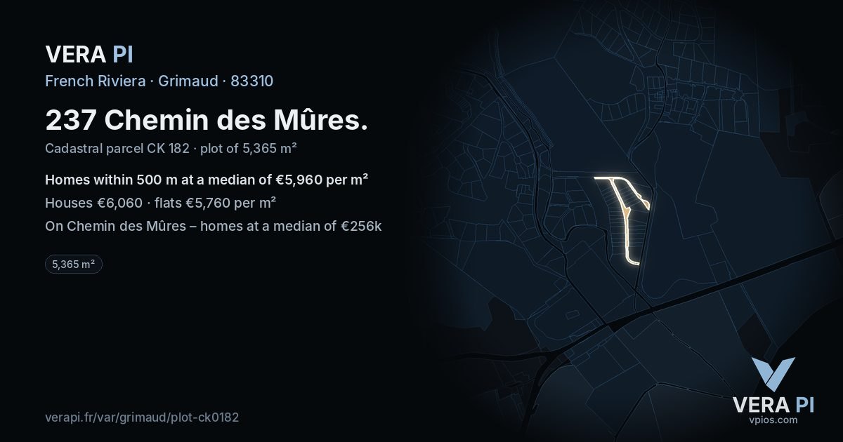 237 Chemin des Mûres, Grimaud at night – the plot lit, the parcels around coloured by the prices near them
