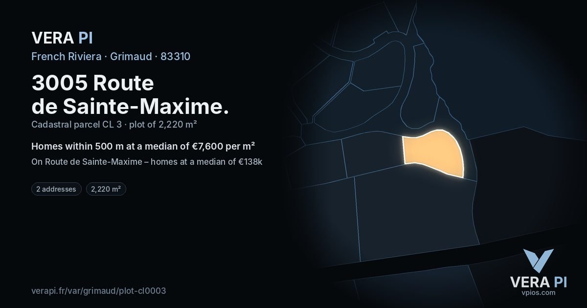 3005 Route de Sainte-Maxime, Grimaud at night – the plot lit, the parcels around coloured by the prices near them
