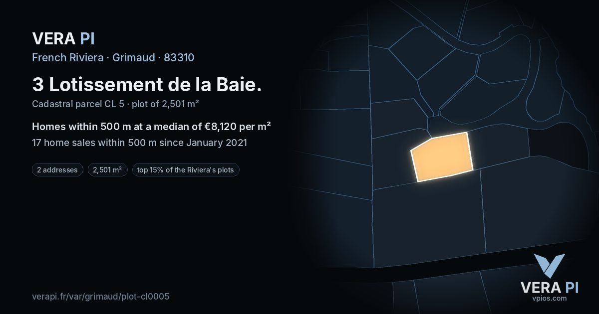 3 Lotissement de la Baie, Grimaud at night – the plot lit, the parcels around coloured by the prices near them