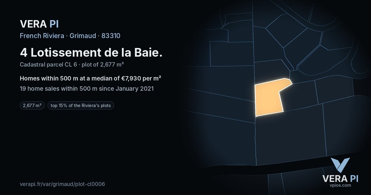4 Lotissement de la Baie, Grimaud at night – the plot lit, the parcels around coloured by the prices near them