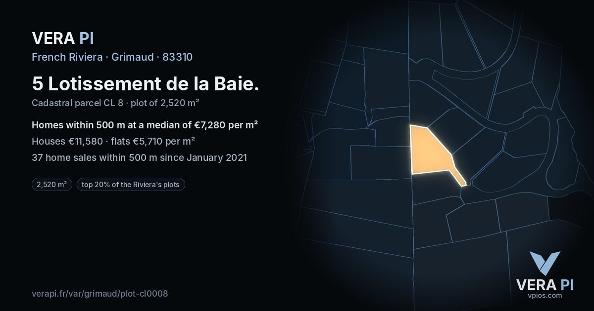5 Lotissement de la Baie, Grimaud at night – the plot lit, the parcels around coloured by the prices near them