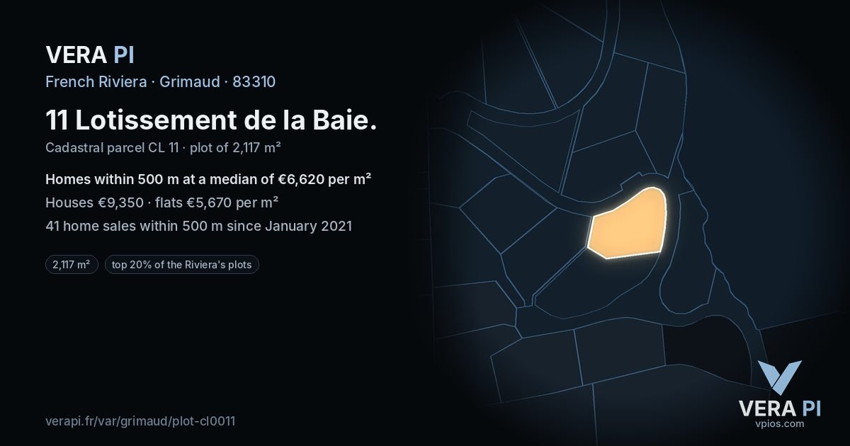 11 Lotissement de la Baie, Grimaud at night – the plot lit, the parcels around coloured by the prices near them