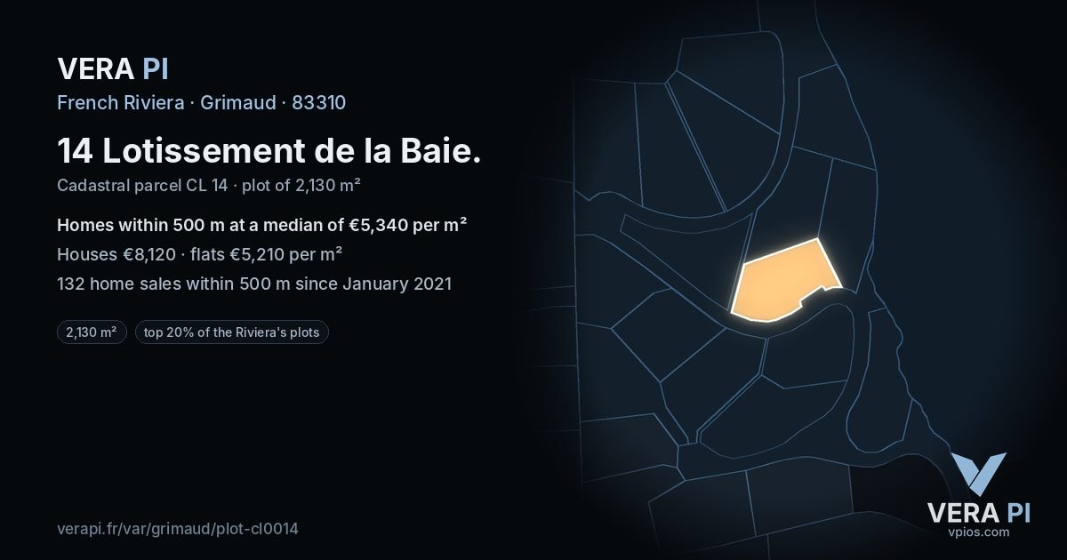 14 Lotissement de la Baie, Grimaud at night – the plot lit, the parcels around coloured by the prices near them