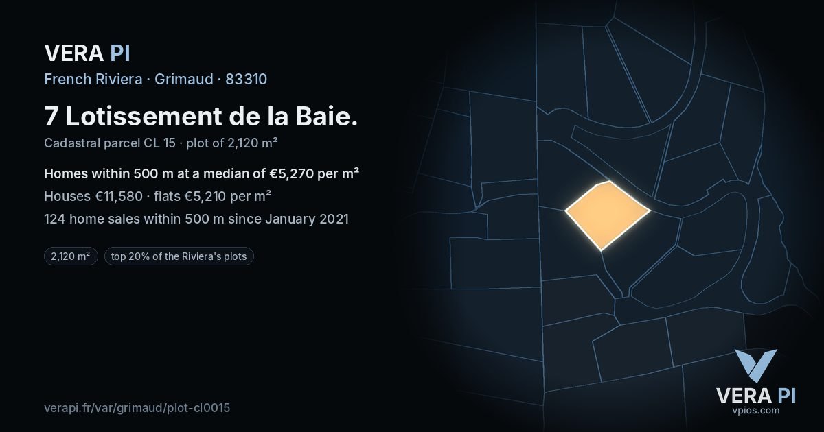 7 Lotissement de la Baie, Grimaud at night – the plot lit, the parcels around coloured by the prices near them