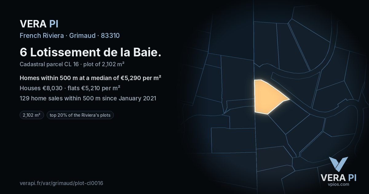 6 Lotissement de la Baie, Grimaud at night – the plot lit, the parcels around coloured by the prices near them