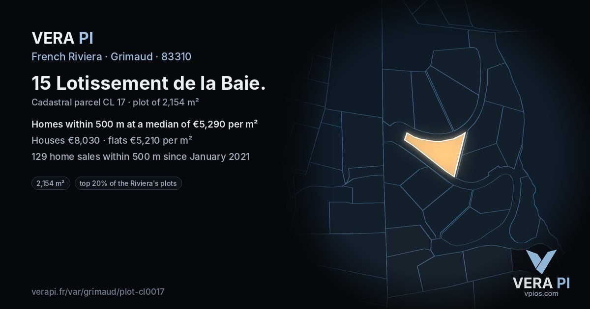 15 Lotissement de la Baie, Grimaud at night – the plot lit, the parcels around coloured by the prices near them