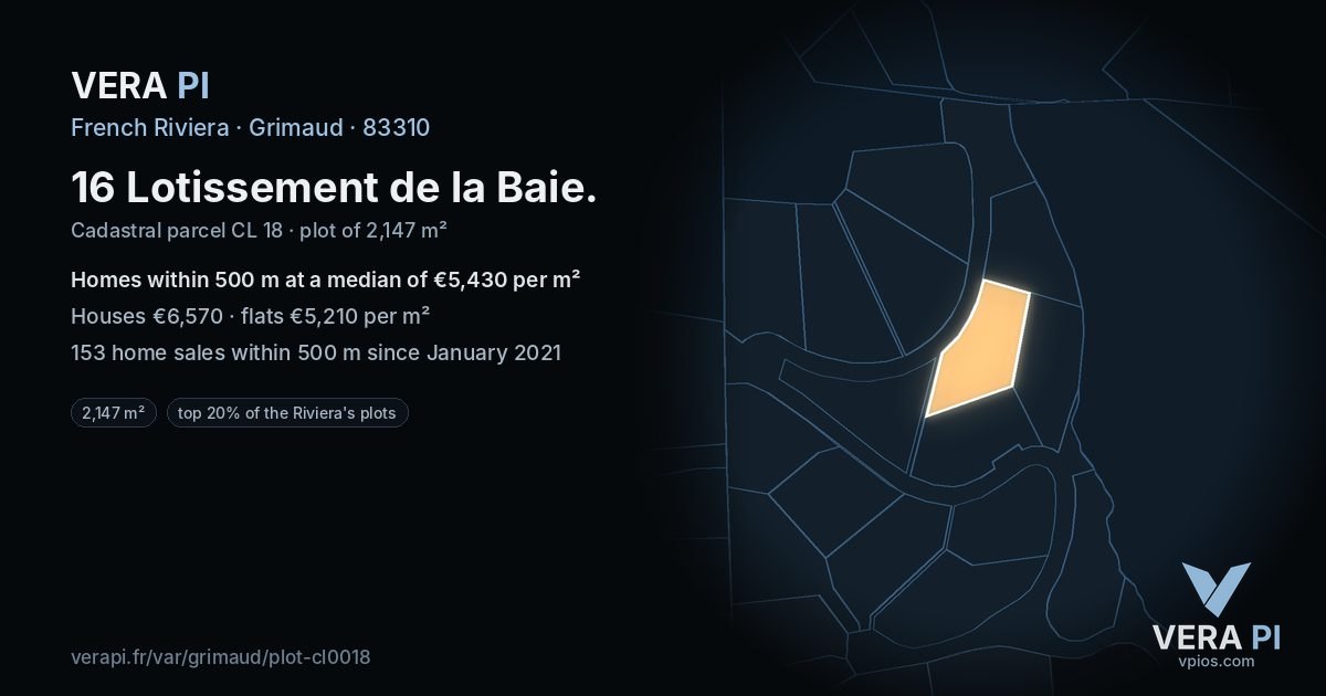 16 Lotissement de la Baie, Grimaud at night – the plot lit, the parcels around coloured by the prices near them