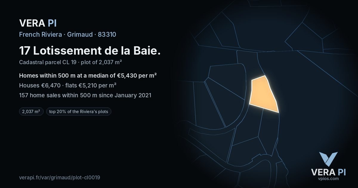 17 Lotissement de la Baie, Grimaud at night – the plot lit, the parcels around coloured by the prices near them