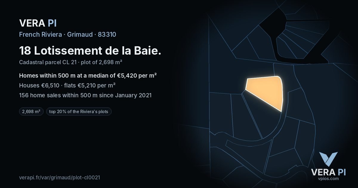 18 Lotissement de la Baie, Grimaud at night – the plot lit, the parcels around coloured by the prices near them