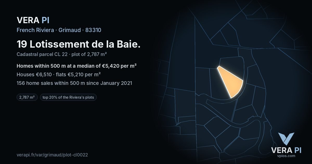 19 Lotissement de la Baie, Grimaud at night – the plot lit, the parcels around coloured by the prices near them