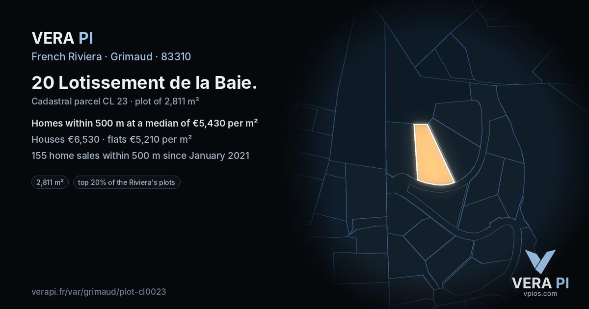 20 Lotissement de la Baie, Grimaud at night – the plot lit, the parcels around coloured by the prices near them