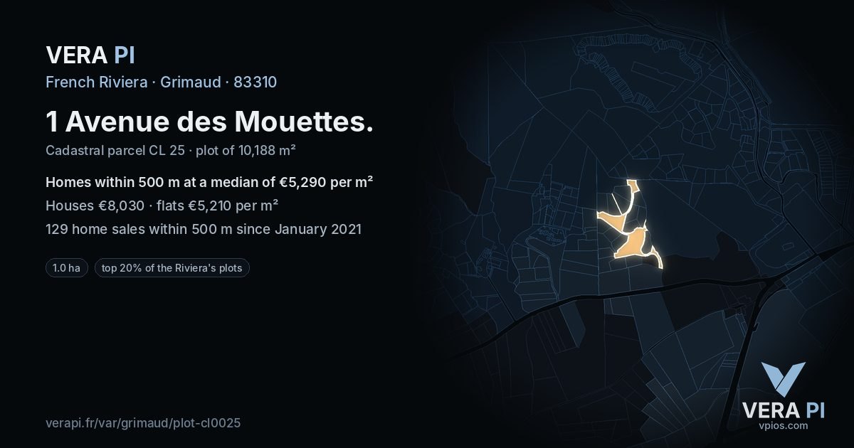 1 Avenue des Mouettes, Grimaud at night – the plot lit, the parcels around coloured by the prices near them
