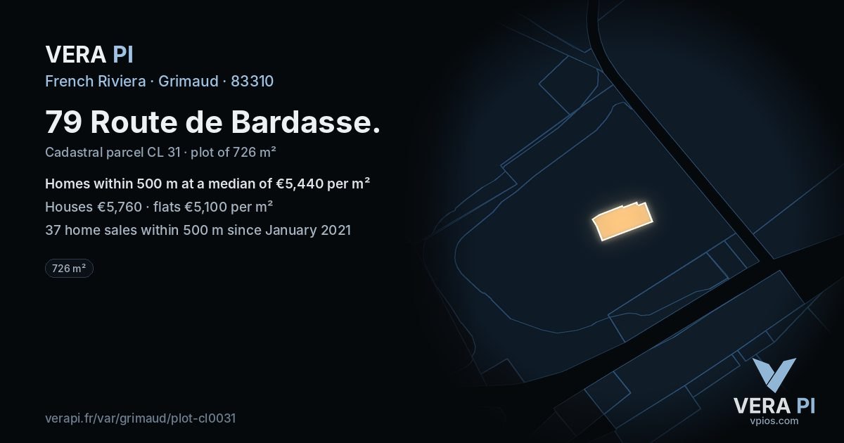 79 Route de Bardasse, Grimaud at night – the plot lit, the parcels around coloured by the prices near them