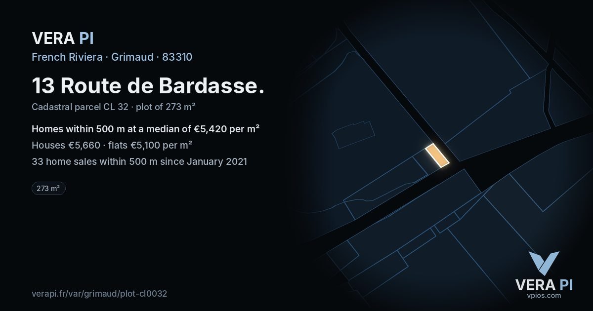 13 Route de Bardasse, Grimaud at night – the plot lit, the parcels around coloured by the prices near them