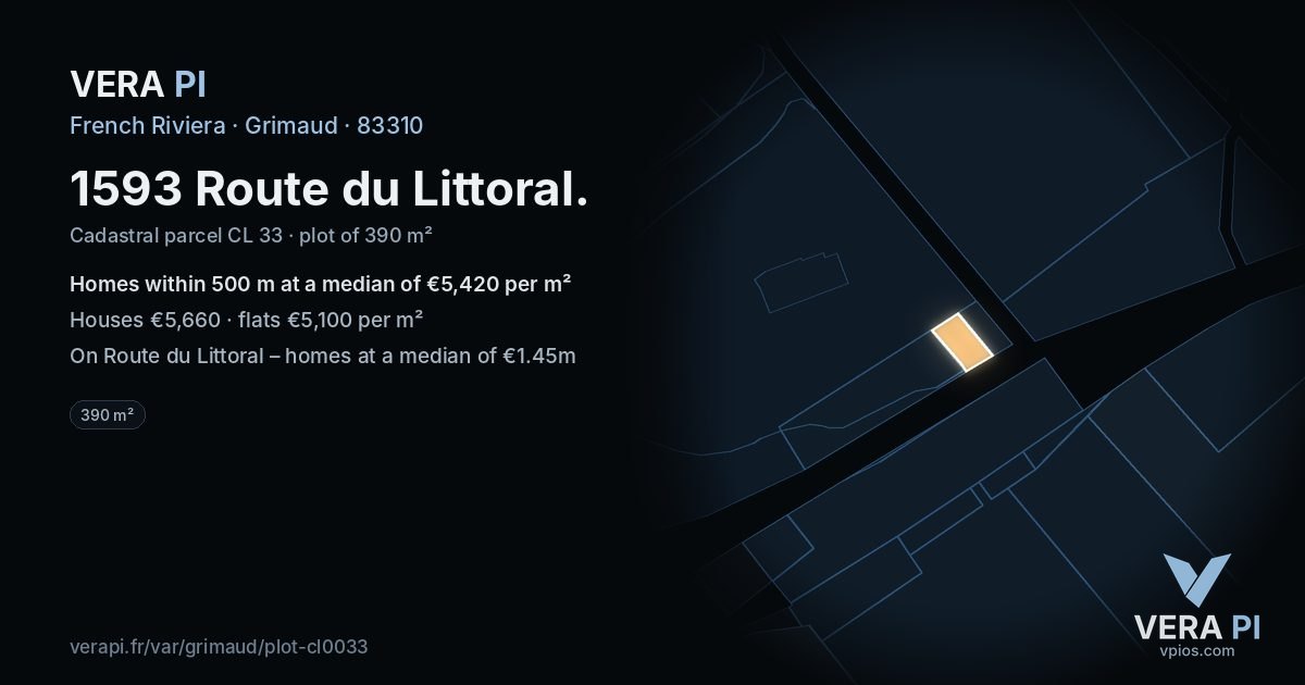 1593 Route du Littoral, Grimaud at night – the plot lit, the parcels around coloured by the prices near them