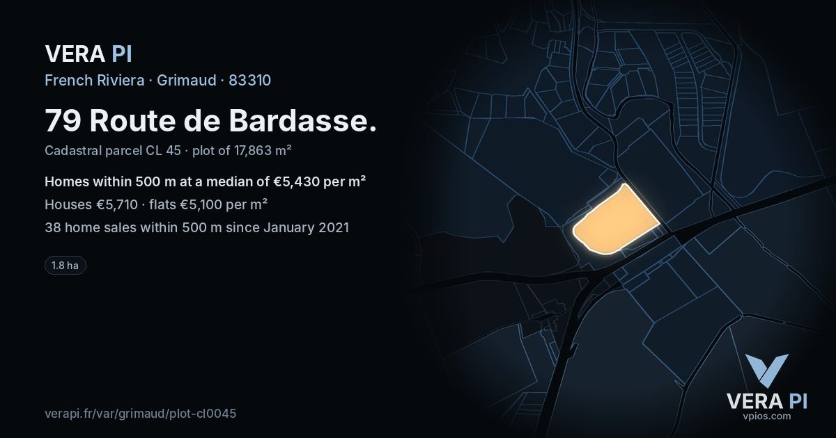 79 Route de Bardasse, Grimaud at night – the plot lit, the parcels around coloured by the prices near them