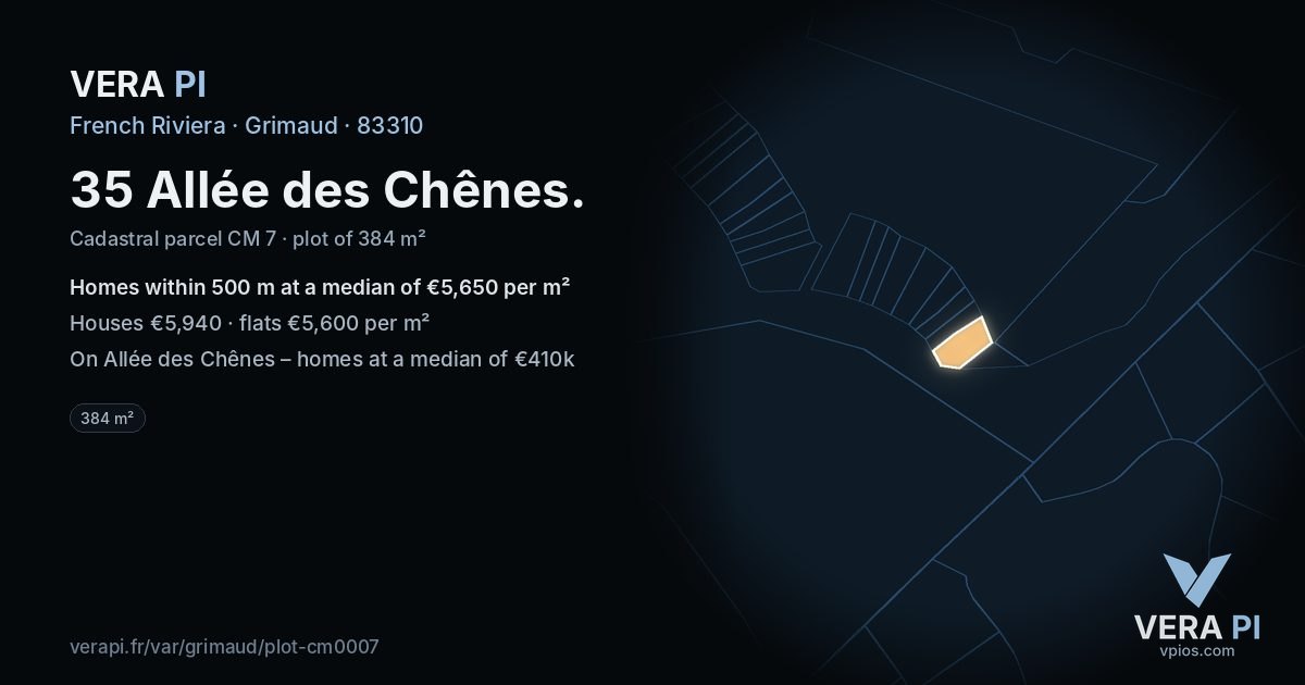 35 Allée des Chênes, Grimaud at night – the plot lit, the parcels around coloured by the prices near them
