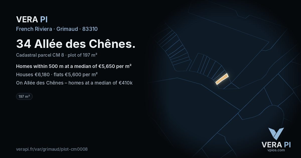 34 Allée des Chênes, Grimaud at night – the plot lit, the parcels around coloured by the prices near them