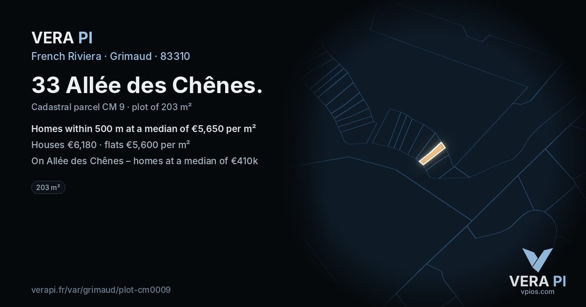 33 Allée des Chênes, Grimaud at night – the plot lit, the parcels around coloured by the prices near them