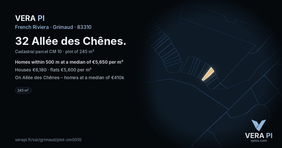 32 Allée des Chênes, Grimaud at night – the plot lit, the parcels around coloured by the prices near them