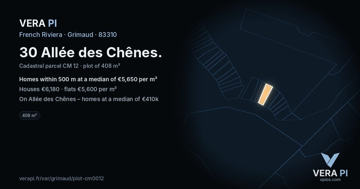 30 Allée des Chênes, Grimaud at night – the plot lit, the parcels around coloured by the prices near them