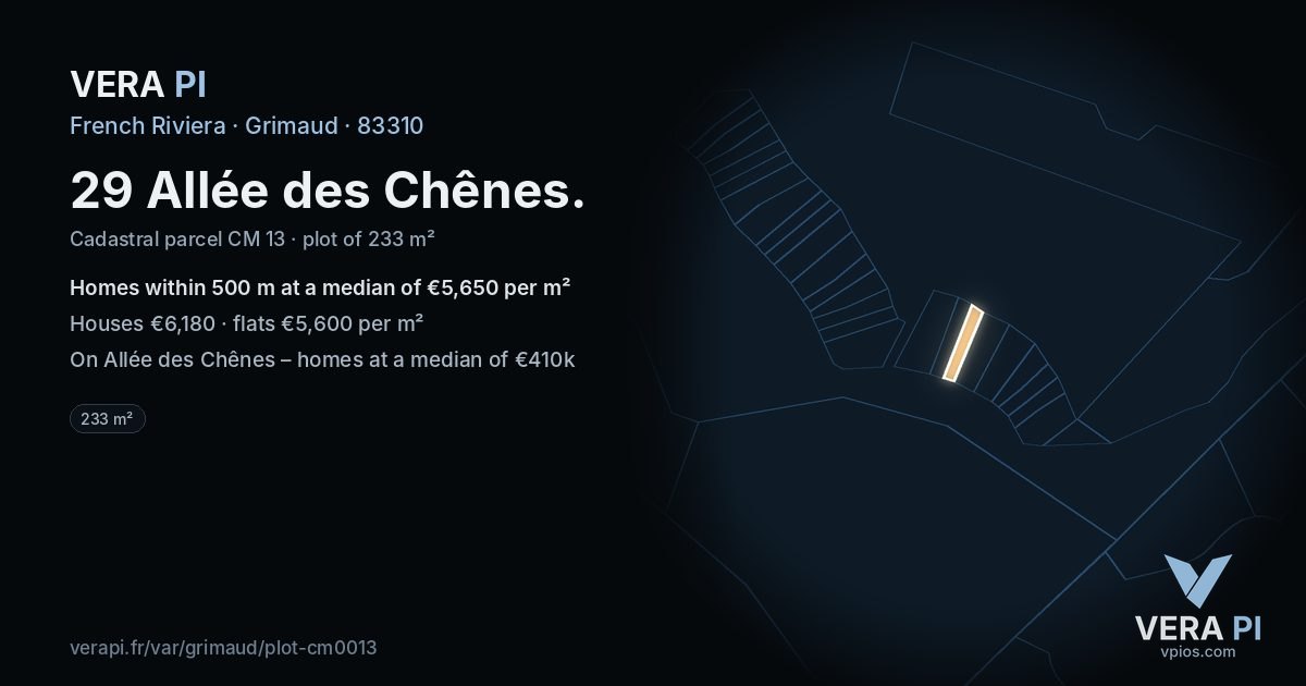 29 Allée des Chênes, Grimaud at night – the plot lit, the parcels around coloured by the prices near them