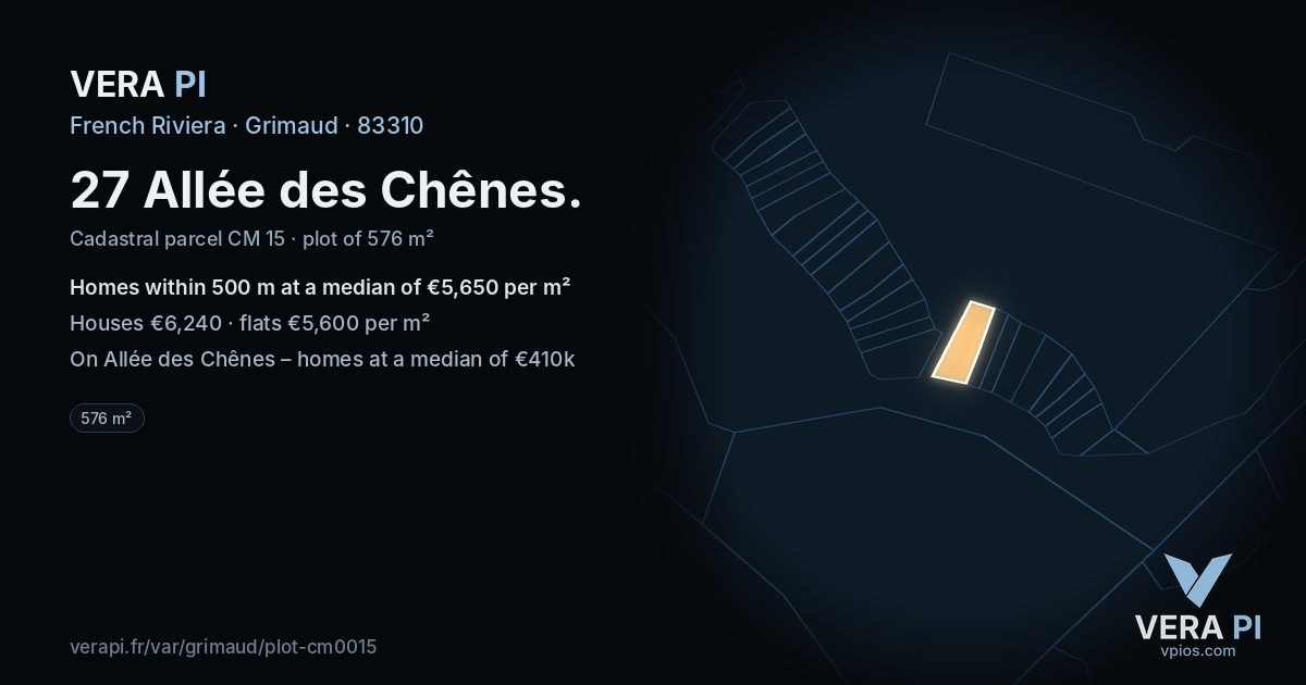 27 Allée des Chênes, Grimaud at night – the plot lit, the parcels around coloured by the prices near them