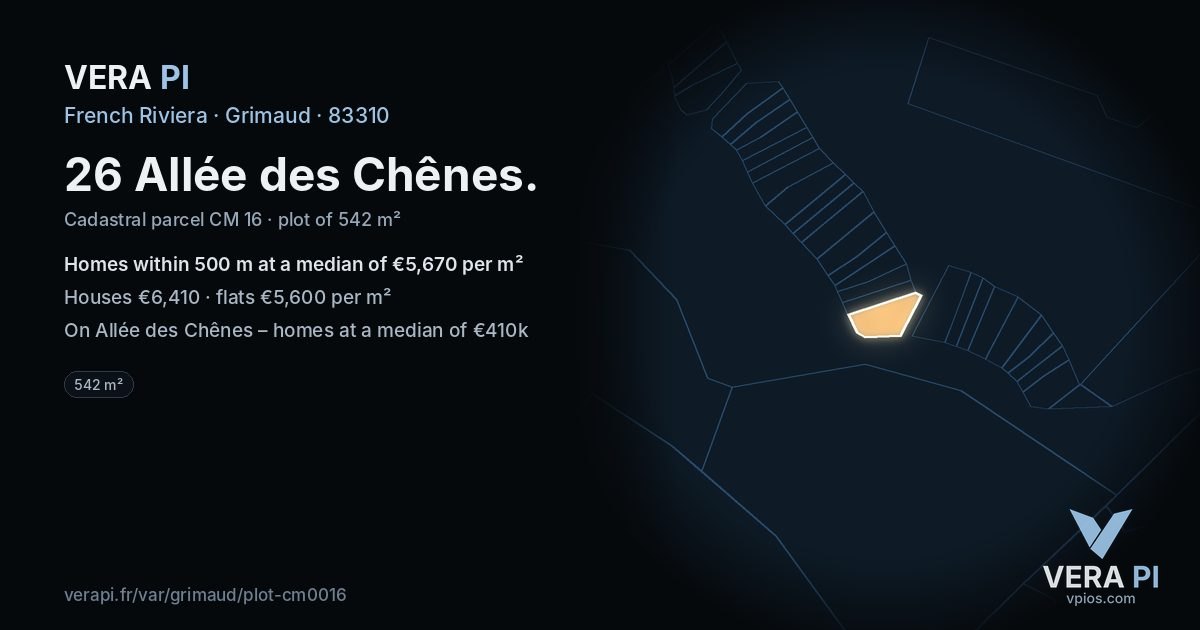 26 Allée des Chênes, Grimaud at night – the plot lit, the parcels around coloured by the prices near them