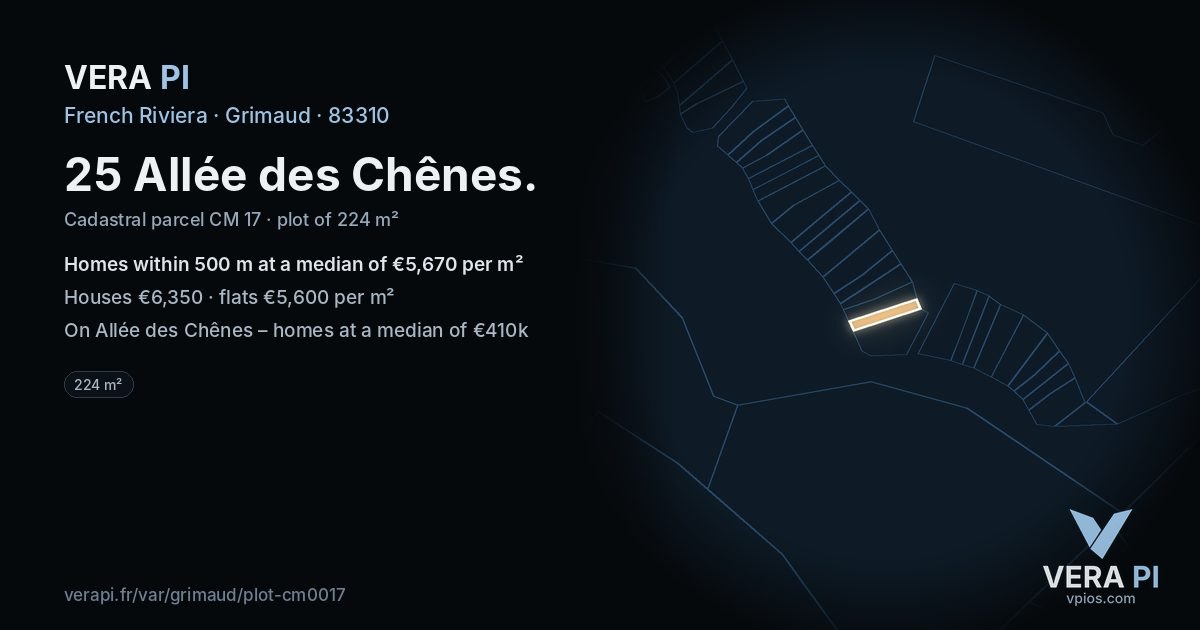 25 Allée des Chênes, Grimaud at night – the plot lit, the parcels around coloured by the prices near them