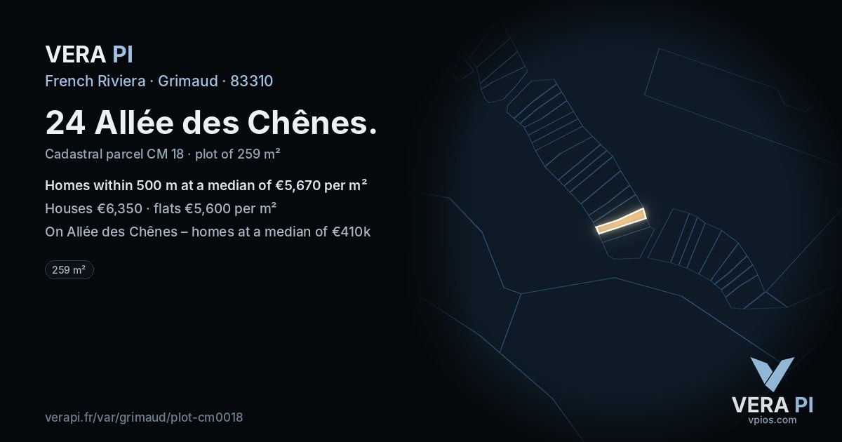 24 Allée des Chênes, Grimaud at night – the plot lit, the parcels around coloured by the prices near them