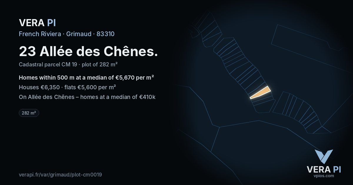 23 Allée des Chênes, Grimaud at night – the plot lit, the parcels around coloured by the prices near them