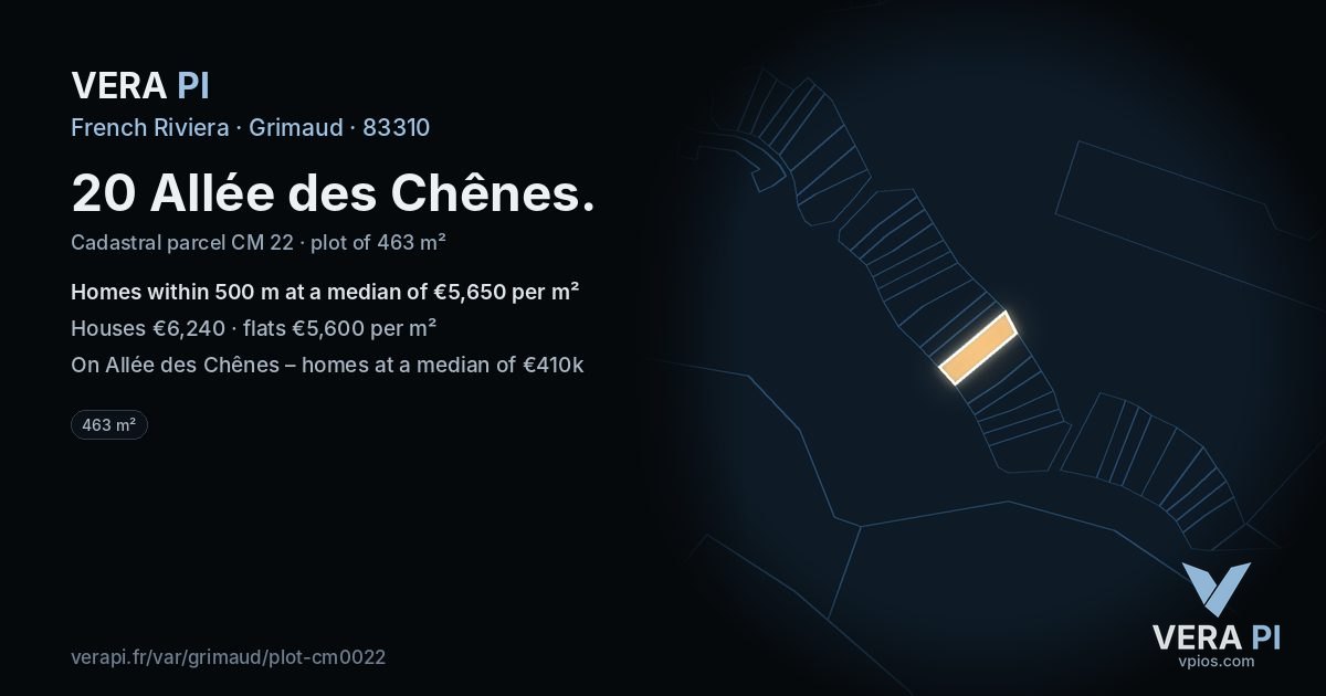 20 Allée des Chênes, Grimaud at night – the plot lit, the parcels around coloured by the prices near them