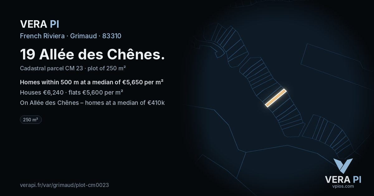 19 Allée des Chênes, Grimaud at night – the plot lit, the parcels around coloured by the prices near them