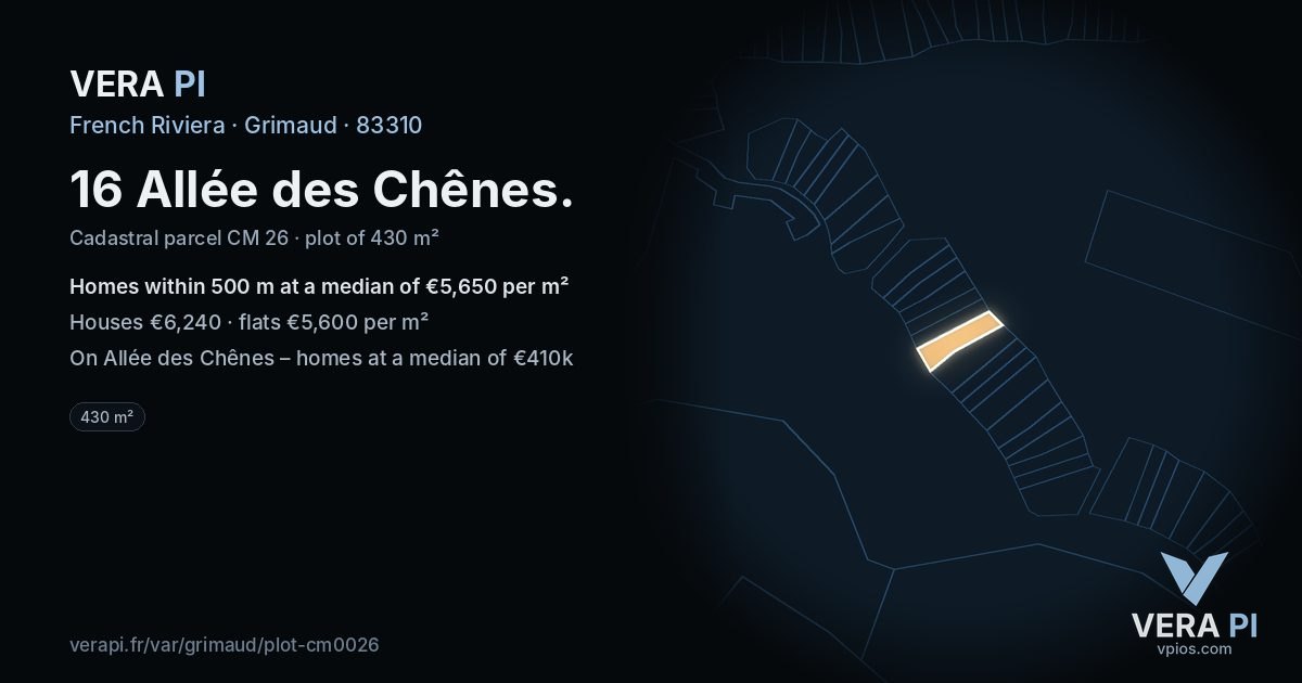 16 Allée des Chênes, Grimaud at night – the plot lit, the parcels around coloured by the prices near them