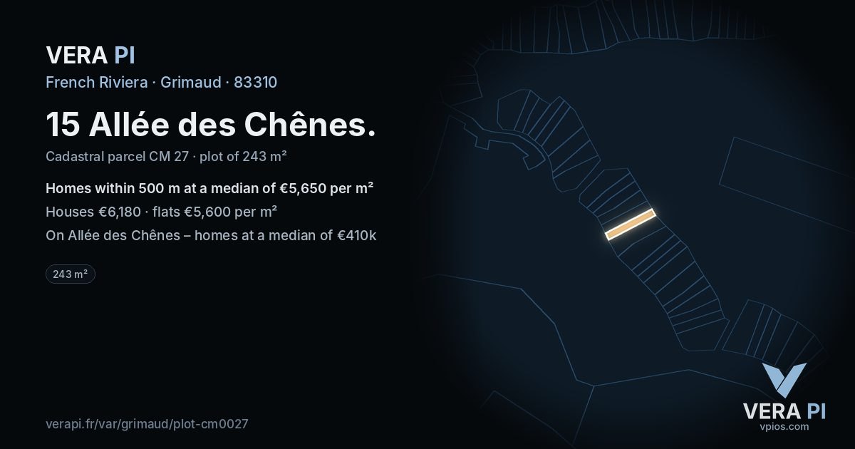 15 Allée des Chênes, Grimaud at night – the plot lit, the parcels around coloured by the prices near them