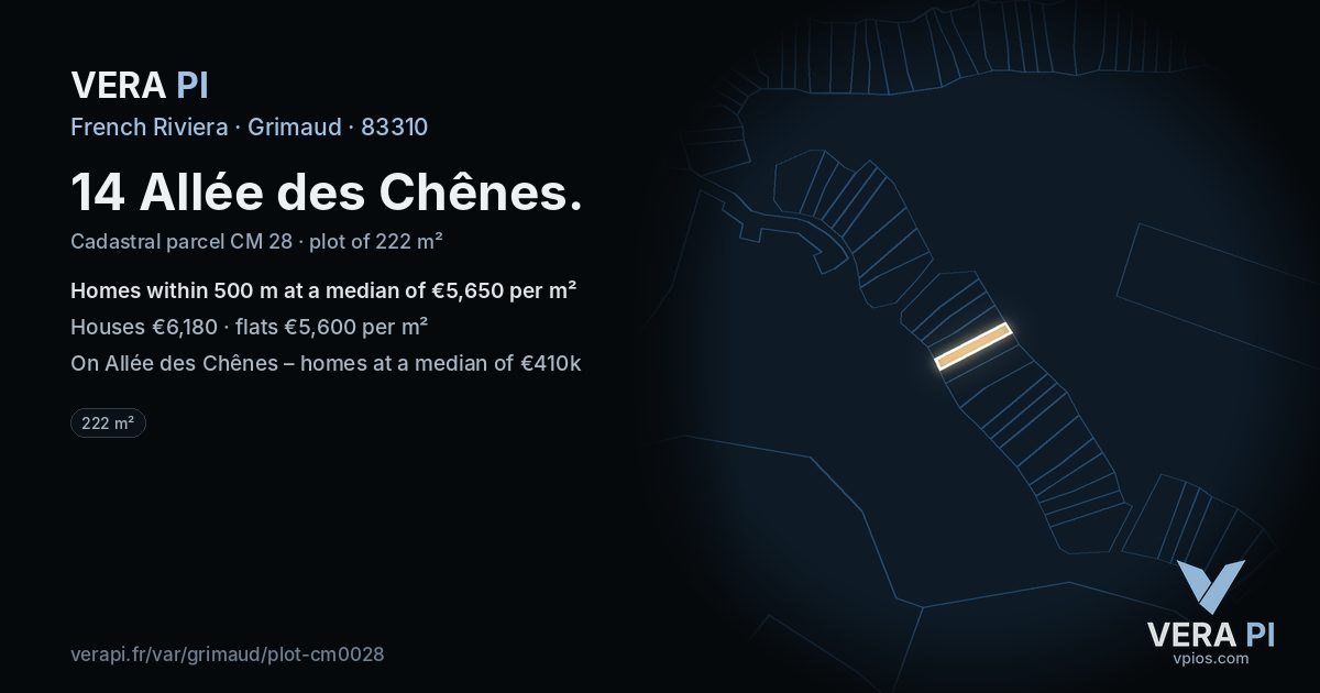 14 Allée des Chênes, Grimaud at night – the plot lit, the parcels around coloured by the prices near them
