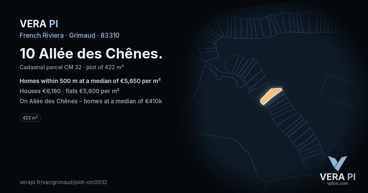 10 Allée des Chênes, Grimaud at night – the plot lit, the parcels around coloured by the prices near them