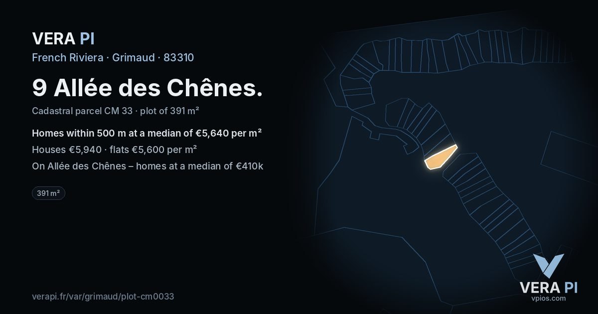 9 Allée des Chênes, Grimaud at night – the plot lit, the parcels around coloured by the prices near them